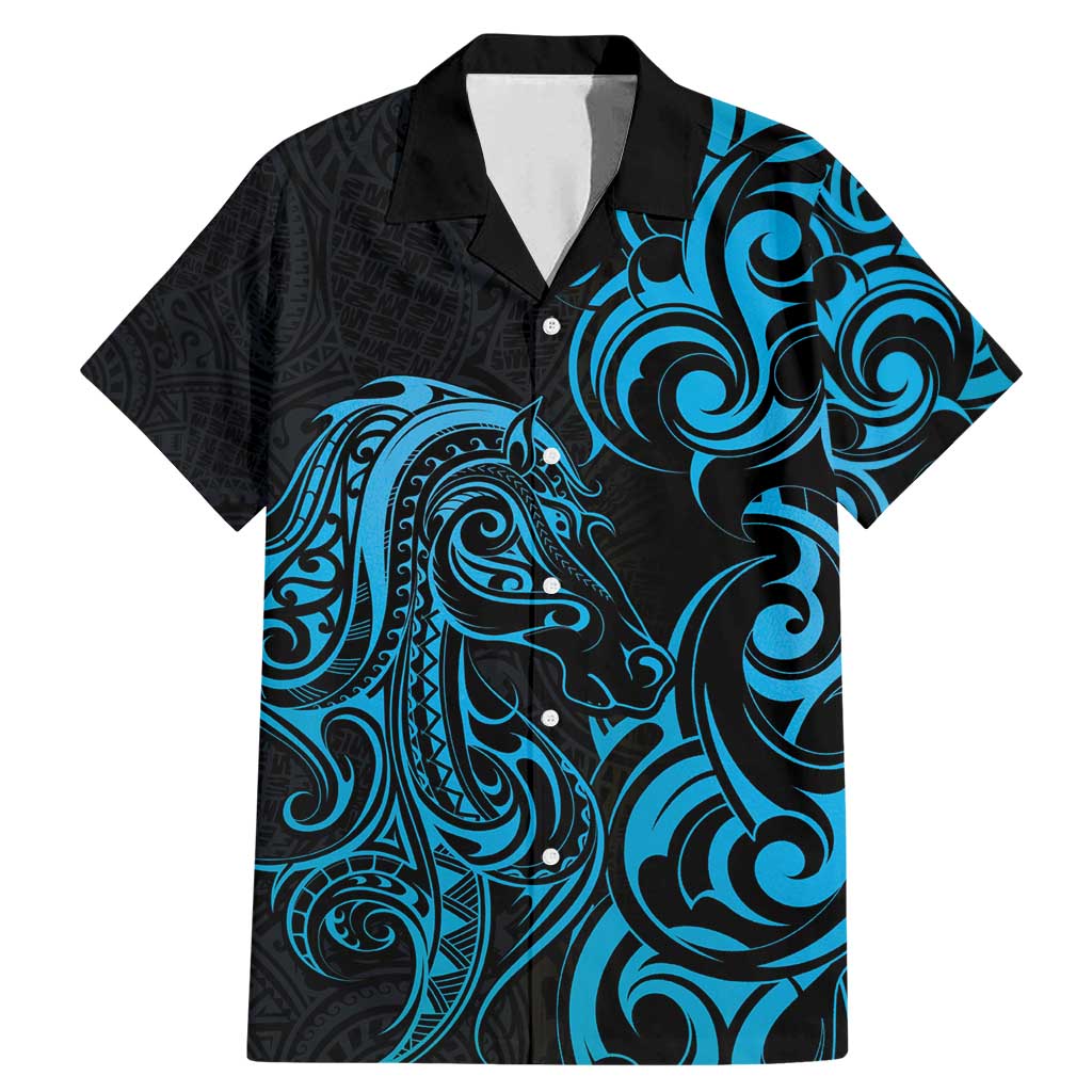 Blue Aoteara Horse Racing Family Matching Mermaid Dress and Hawaiian Shirt NZ Maori Pattern