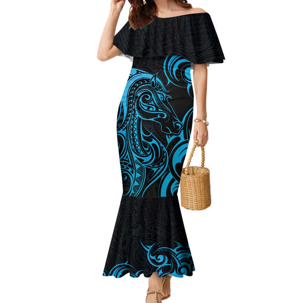 Blue Aoteara Horse Racing Family Matching Mermaid Dress and Hawaiian Shirt NZ Maori Pattern