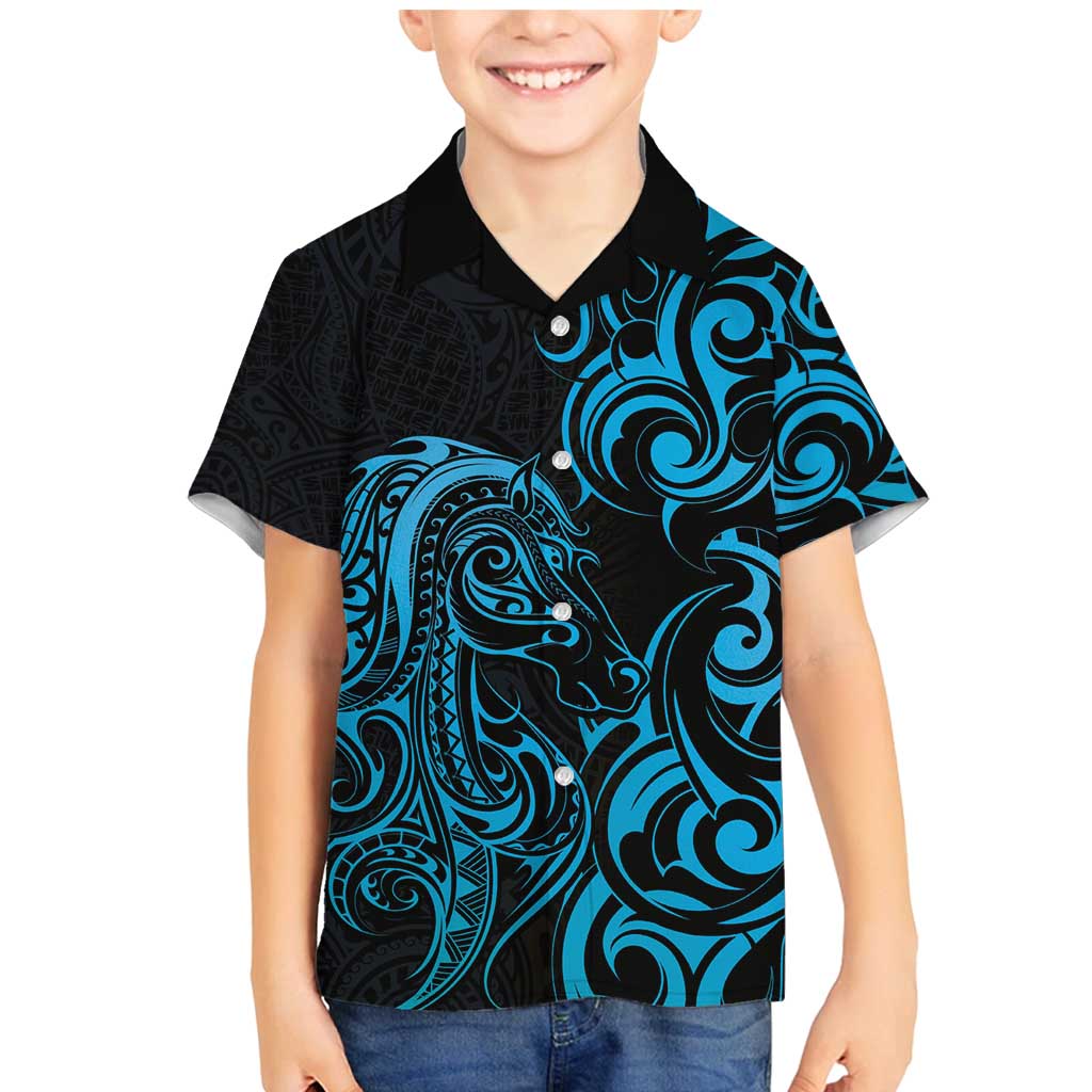 Blue Aoteara Horse Racing Family Matching Mermaid Dress and Hawaiian Shirt NZ Maori Pattern