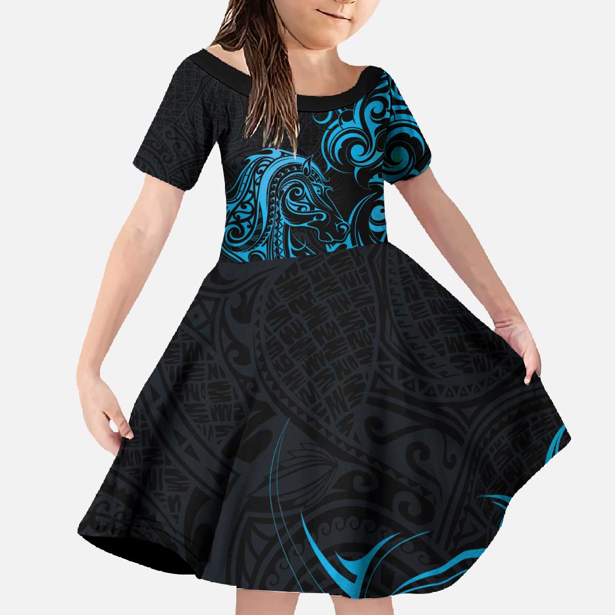 Blue Aoteara Horse Racing Family Matching Off The Shoulder Long Sleeve Dress and Hawaiian Shirt NZ Maori Pattern