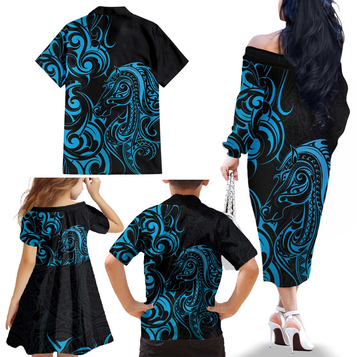 Blue Aoteara Horse Racing Family Matching Off The Shoulder Long Sleeve Dress and Hawaiian Shirt NZ Maori Pattern