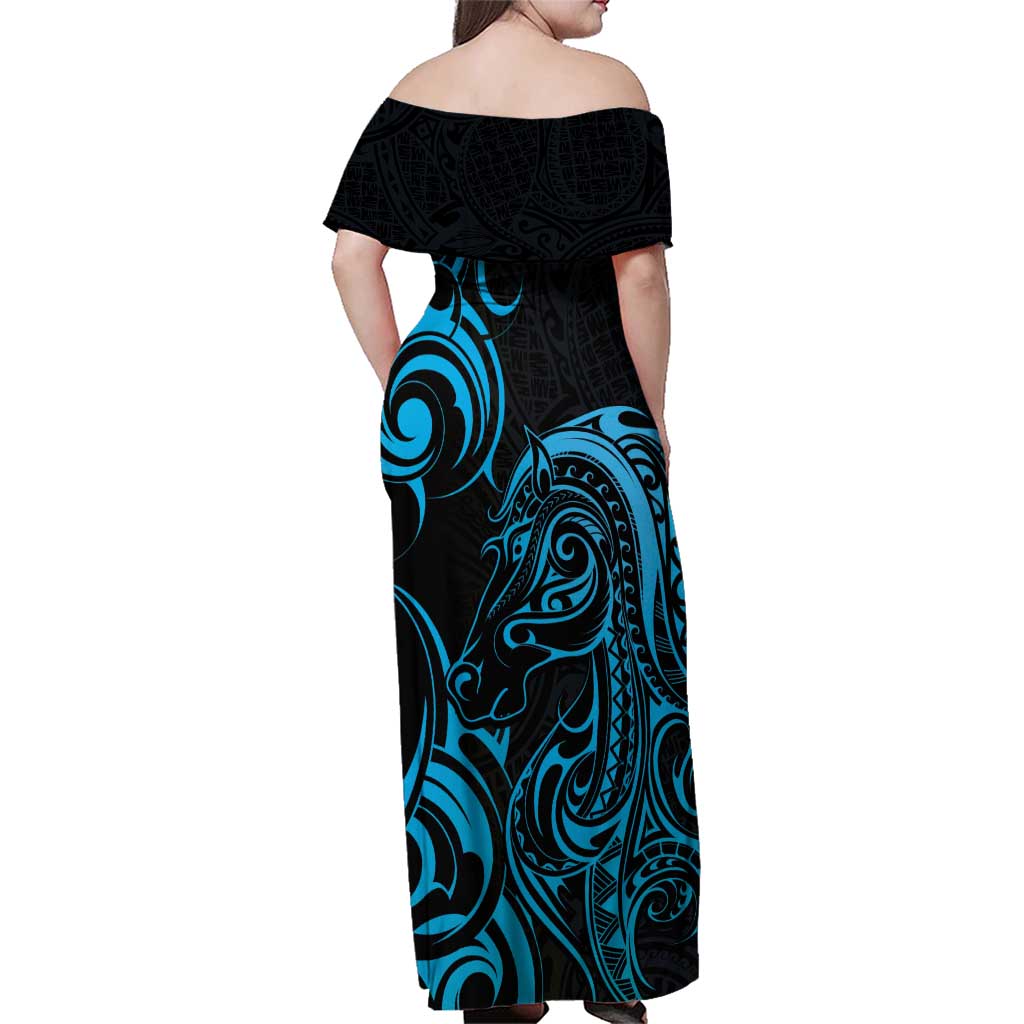 Blue Aoteara Horse Racing Family Matching Off Shoulder Maxi Dress and Hawaiian Shirt NZ Maori Pattern