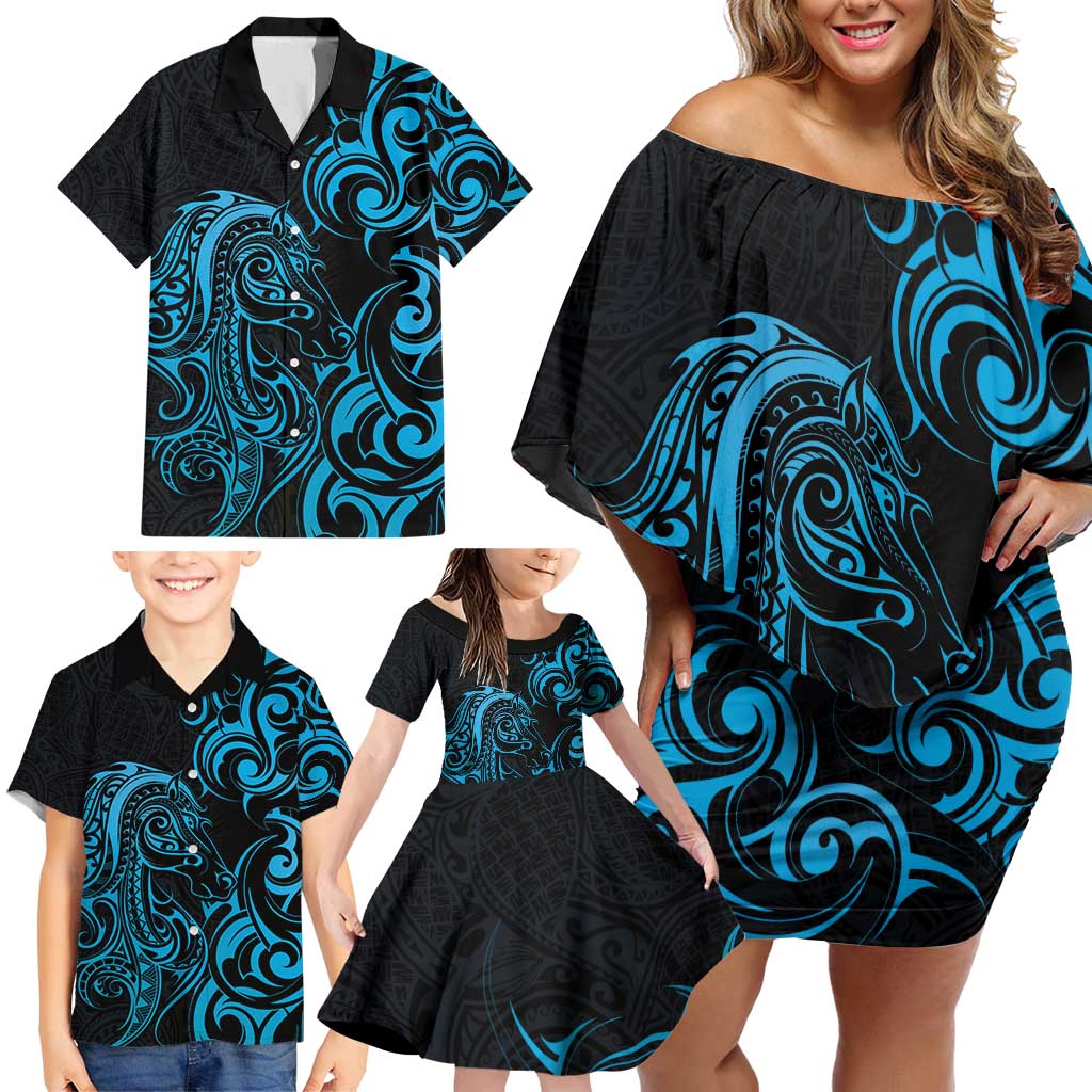 Blue Aoteara Horse Racing Family Matching Off Shoulder Short Dress and Hawaiian Shirt NZ Maori Pattern