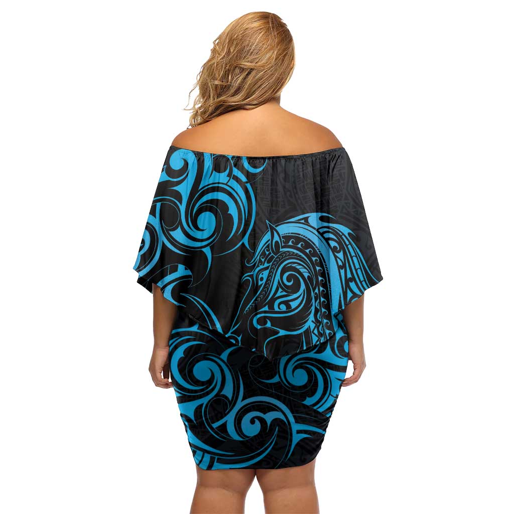 Blue Aoteara Horse Racing Family Matching Off Shoulder Short Dress and Hawaiian Shirt NZ Maori Pattern