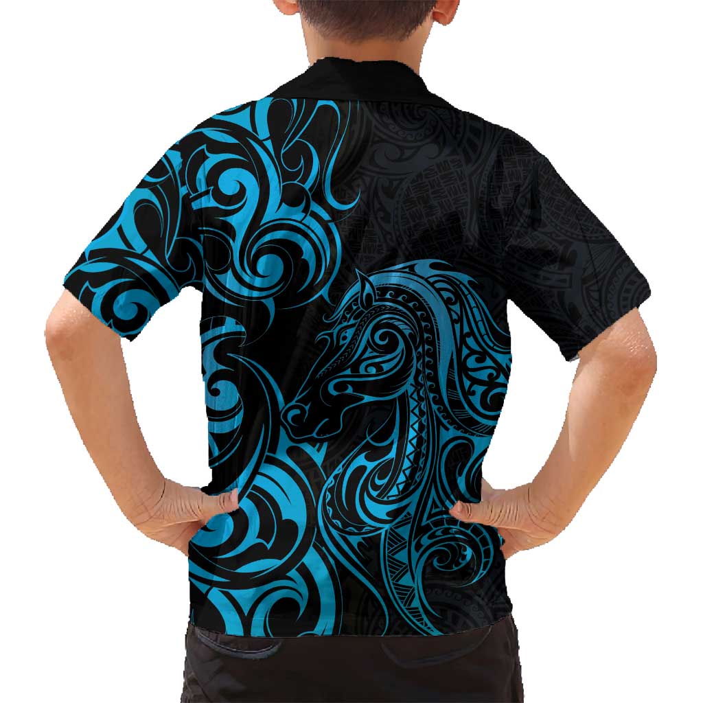 Blue Aoteara Horse Racing Family Matching Puletasi and Hawaiian Shirt NZ Maori Pattern