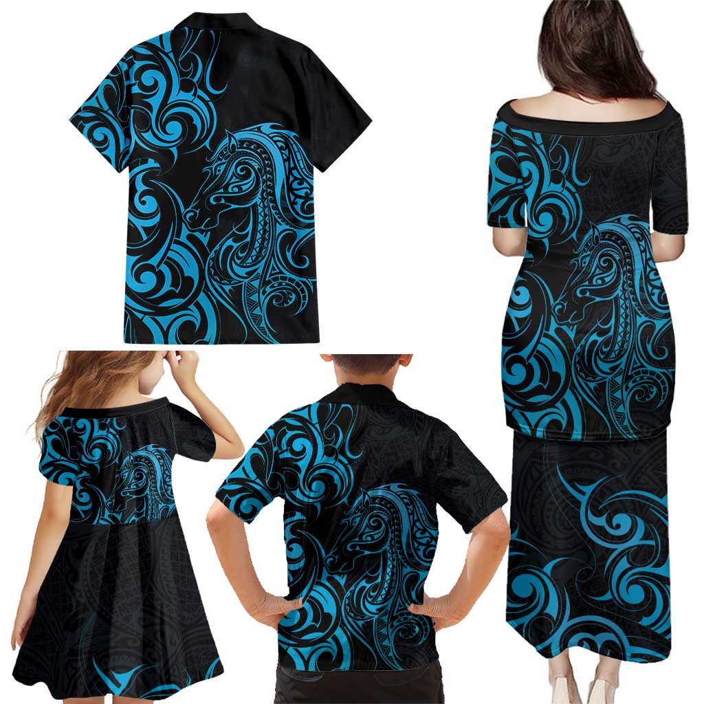 Blue Aoteara Horse Racing Family Matching Puletasi and Hawaiian Shirt NZ Maori Pattern