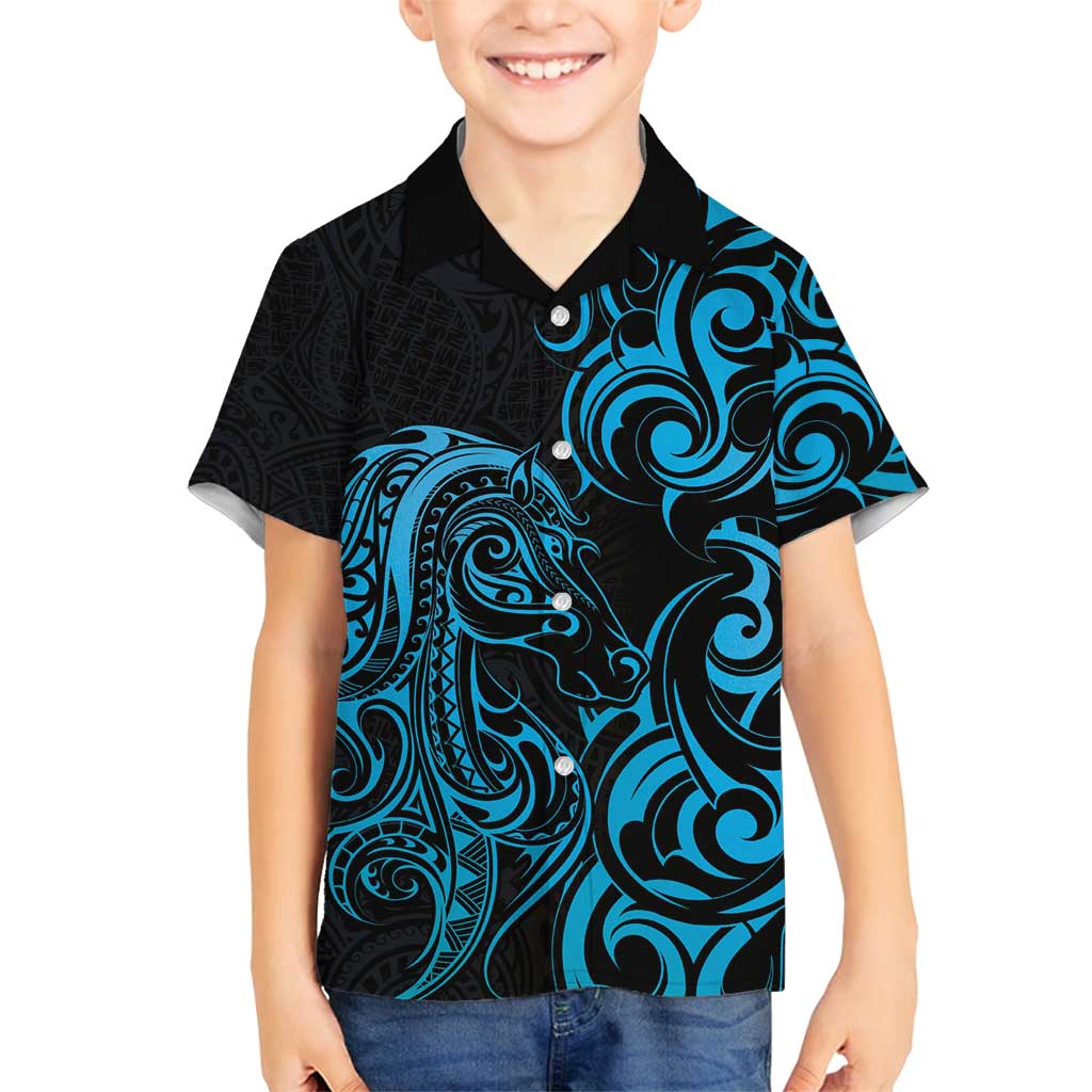 Blue Aoteara Horse Racing Family Matching Puletasi and Hawaiian Shirt NZ Maori Pattern