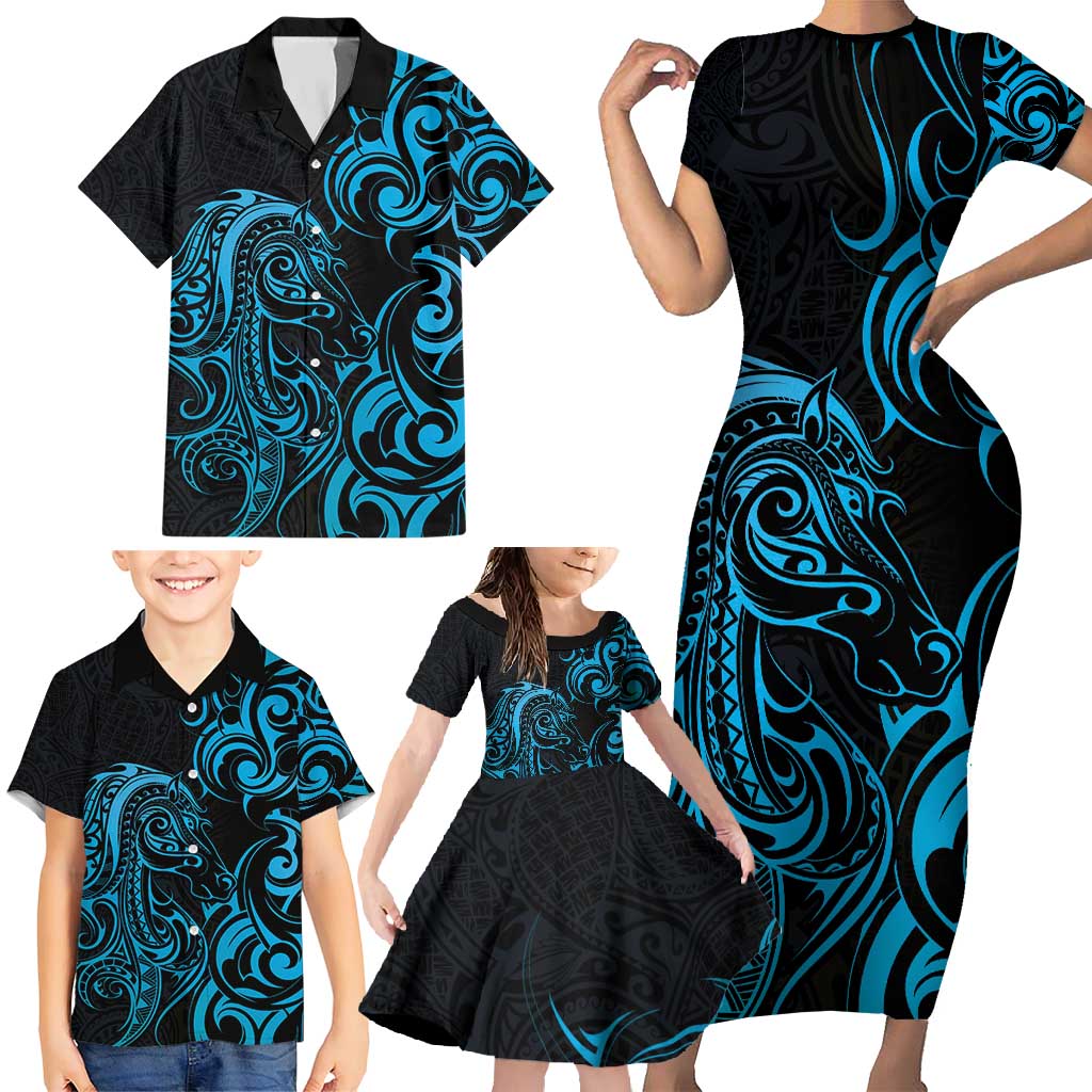 Blue Aoteara Horse Racing Family Matching Short Sleeve Bodycon Dress and Hawaiian Shirt NZ Maori Pattern