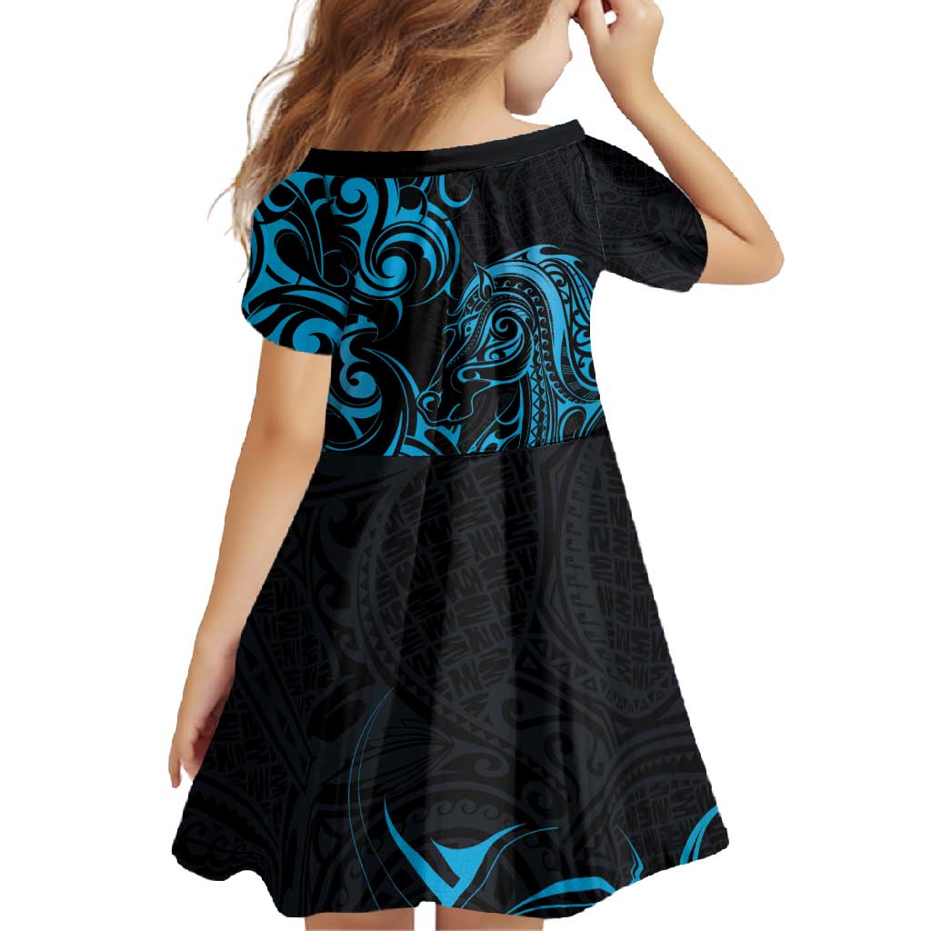 Blue Aoteara Horse Racing Family Matching Short Sleeve Bodycon Dress and Hawaiian Shirt NZ Maori Pattern