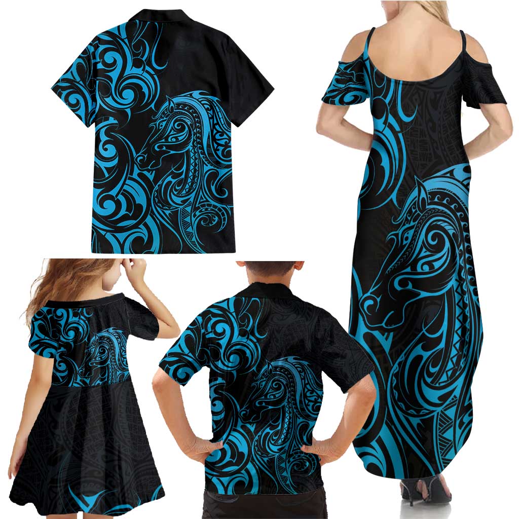 Blue Aoteara Horse Racing Family Matching Summer Maxi Dress and Hawaiian Shirt NZ Maori Pattern