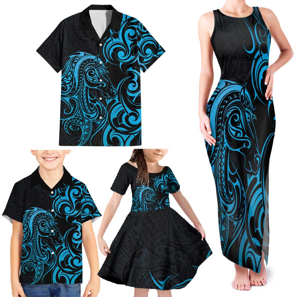 Blue Aoteara Horse Racing Family Matching Tank Maxi Dress and Hawaiian Shirt NZ Maori Pattern