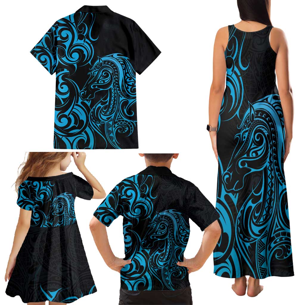 Blue Aoteara Horse Racing Family Matching Tank Maxi Dress and Hawaiian Shirt NZ Maori Pattern