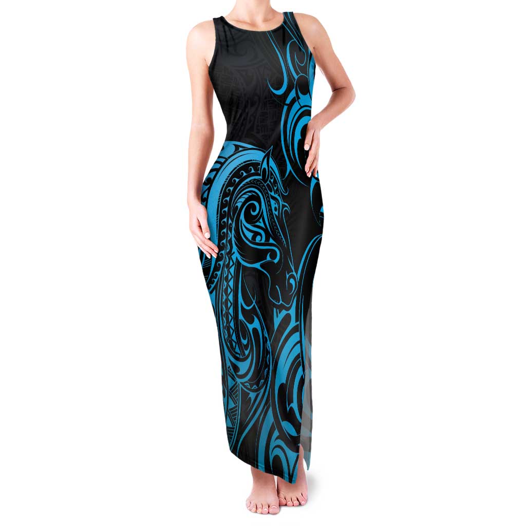 Blue Aoteara Horse Racing Family Matching Tank Maxi Dress and Hawaiian Shirt NZ Maori Pattern