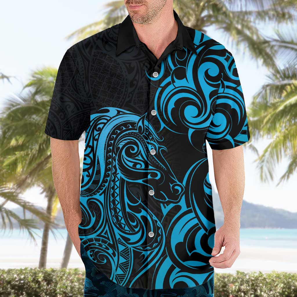 Blue Aoteara Horse Racing Hawaiian Shirt NZ Maori Pattern