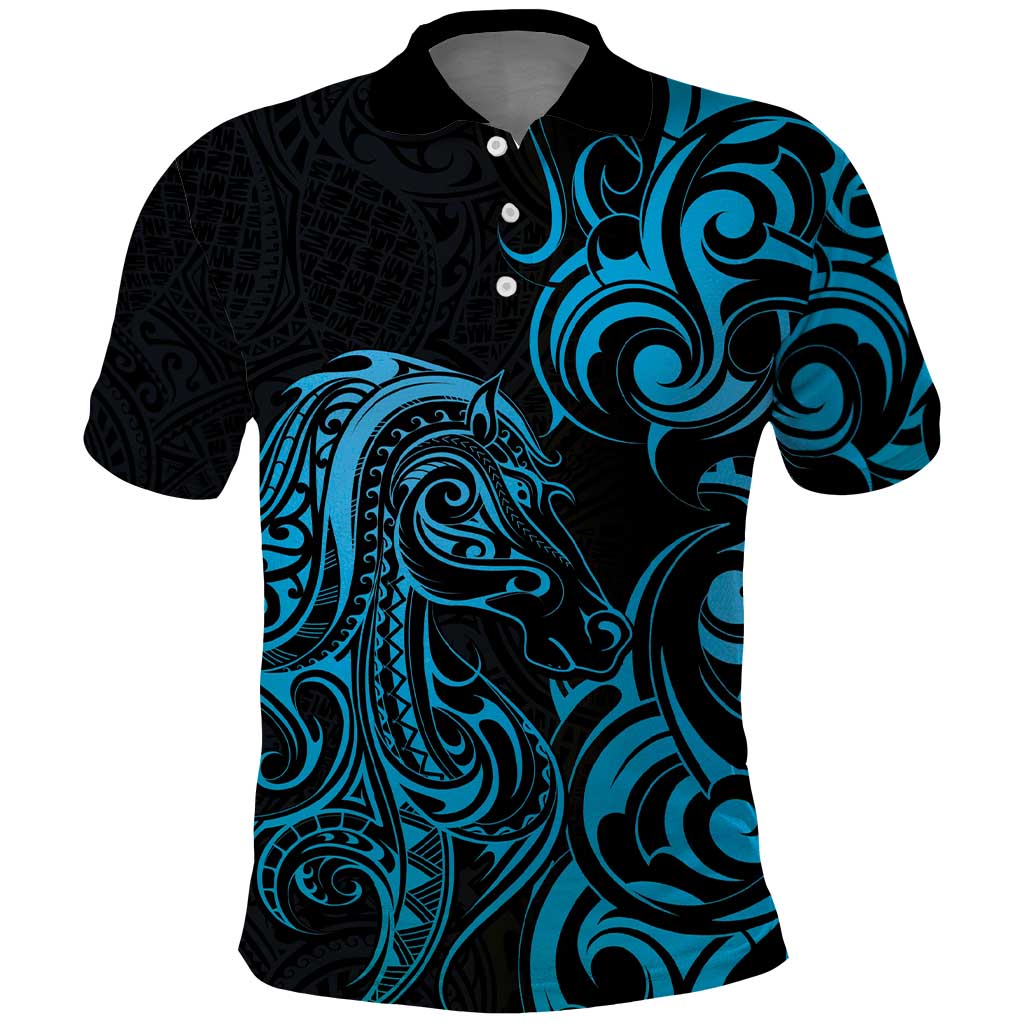 Blue Aoteara Horse Racing Polo Shirt NZ Maori Pattern