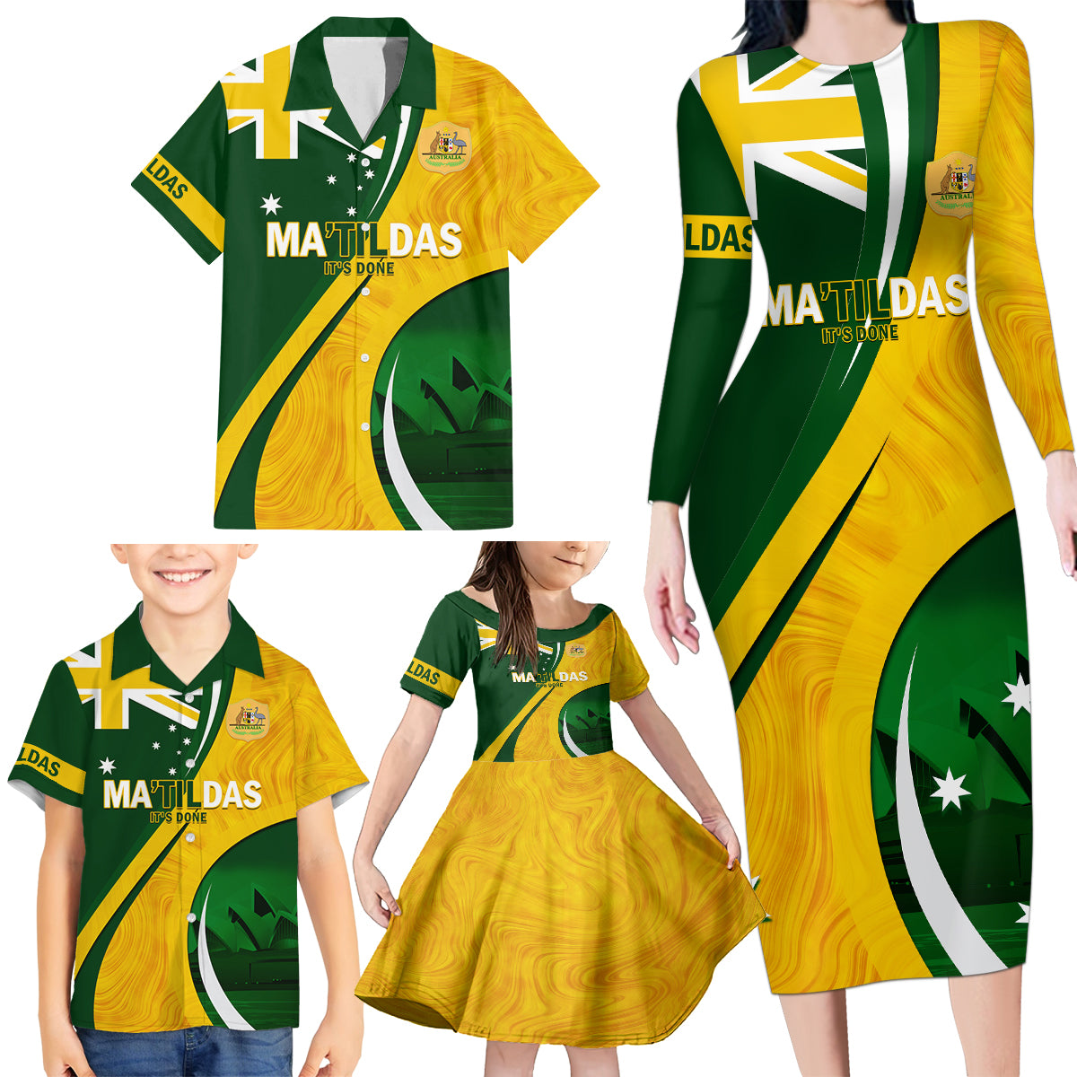 Matildas Soccer Family Matching Long Sleeve Bodycon Dress and Hawaiian Shirt 2024 Happy Australia Day Kangaroo Aussie Proud - National Color