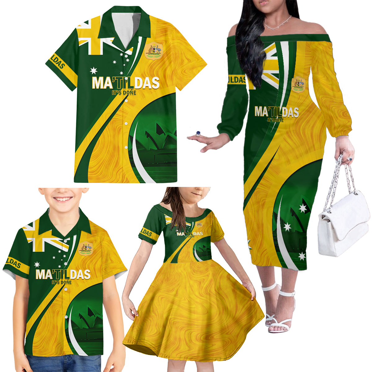 Matildas Soccer Family Matching Off Shoulder Long Sleeve Dress and Hawaiian Shirt 2024 Happy Australia Day Kangaroo Aussie Proud - National Color