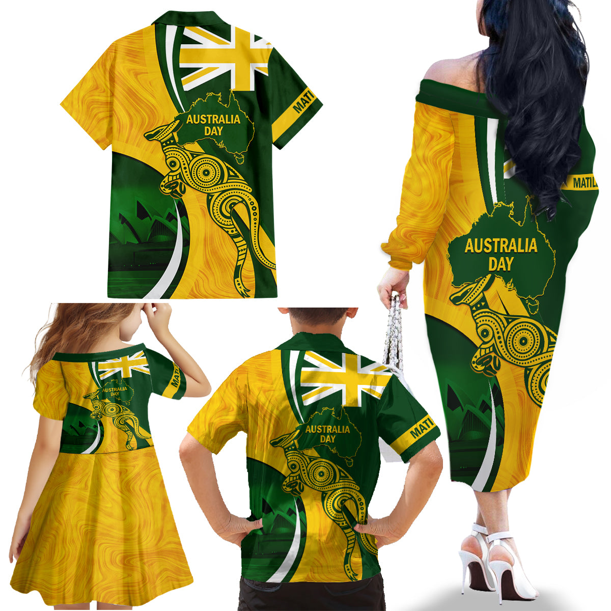 Matildas Soccer Family Matching Off Shoulder Long Sleeve Dress and Hawaiian Shirt 2024 Happy Australia Day Kangaroo Aussie Proud - National Color