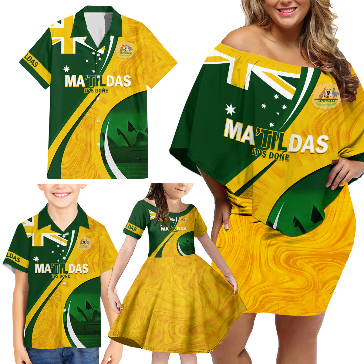 Matildas Soccer Family Matching Off Shoulder Short Dress and Hawaiian Shirt 2024 Happy Australia Day Kangaroo Aussie Proud - National Color