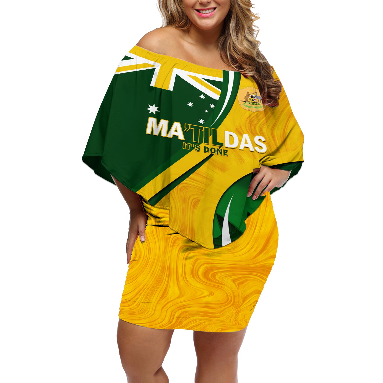 Matildas Soccer Off Shoulder Short Dress 2024 Happy Australia Day Kangaroo Aussie Proud - National Color