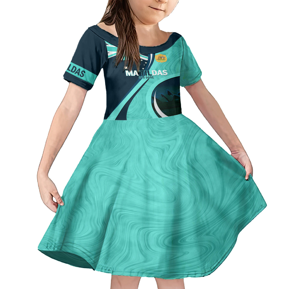 Matildas Soccer Kid Short Sleeve Dress 2024 Happy Australia Day Kangaroo Aussie Proud - Turquoise