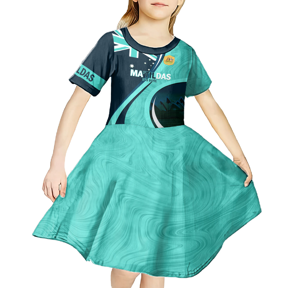 Matildas Soccer Kid Short Sleeve Dress 2024 Happy Australia Day Kangaroo Aussie Proud - Turquoise