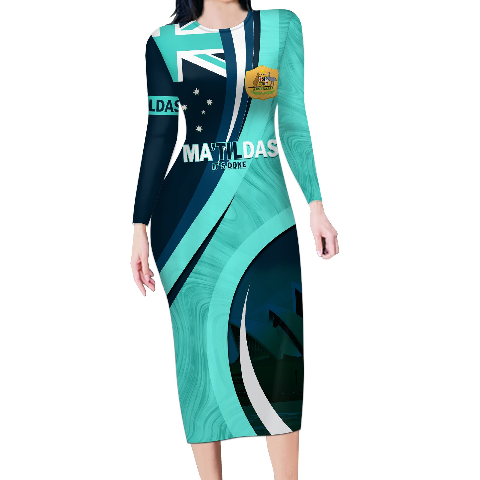 Matildas Soccer Long Sleeve Bodycon Dress 2024 Happy Australia Day Kangaroo Aussie Proud - Turquoise