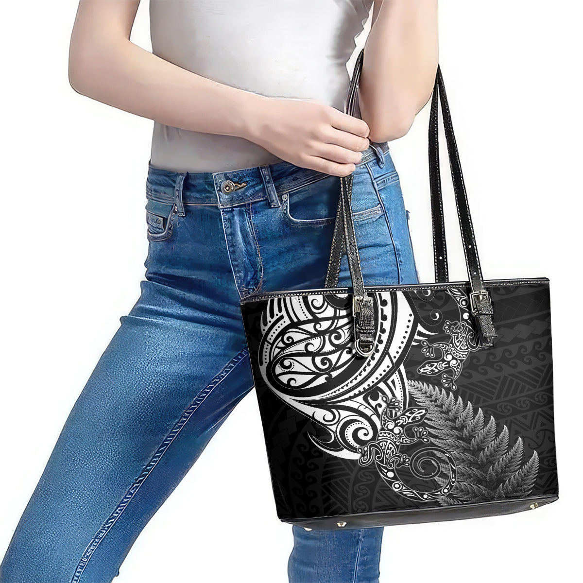 New Zealand Lizard Leather Tote Bag Silver Fern Aotearoa Maori