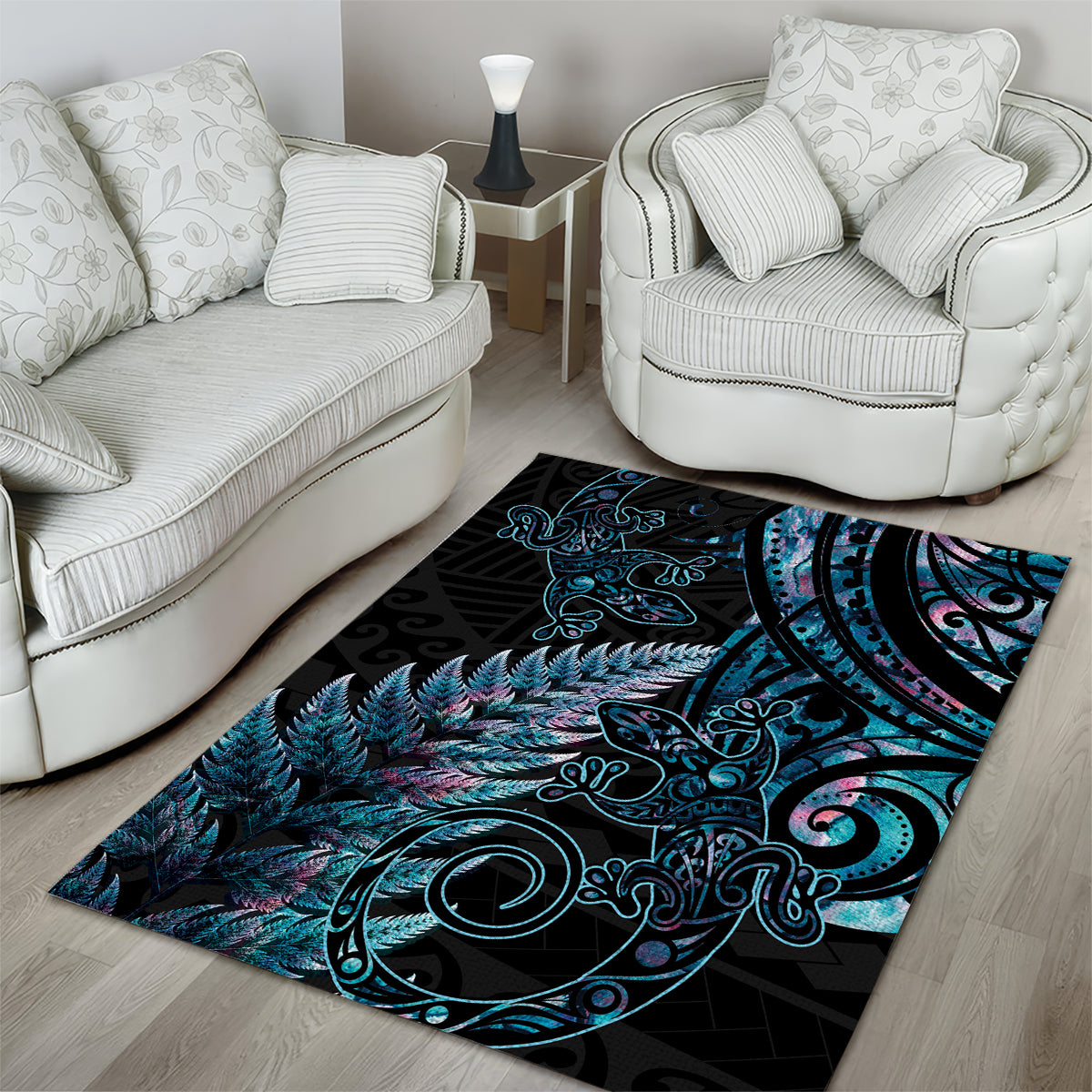 New Zealand Lizard Area Rug Silver Fern Aotearoa Maori With Paua Shell