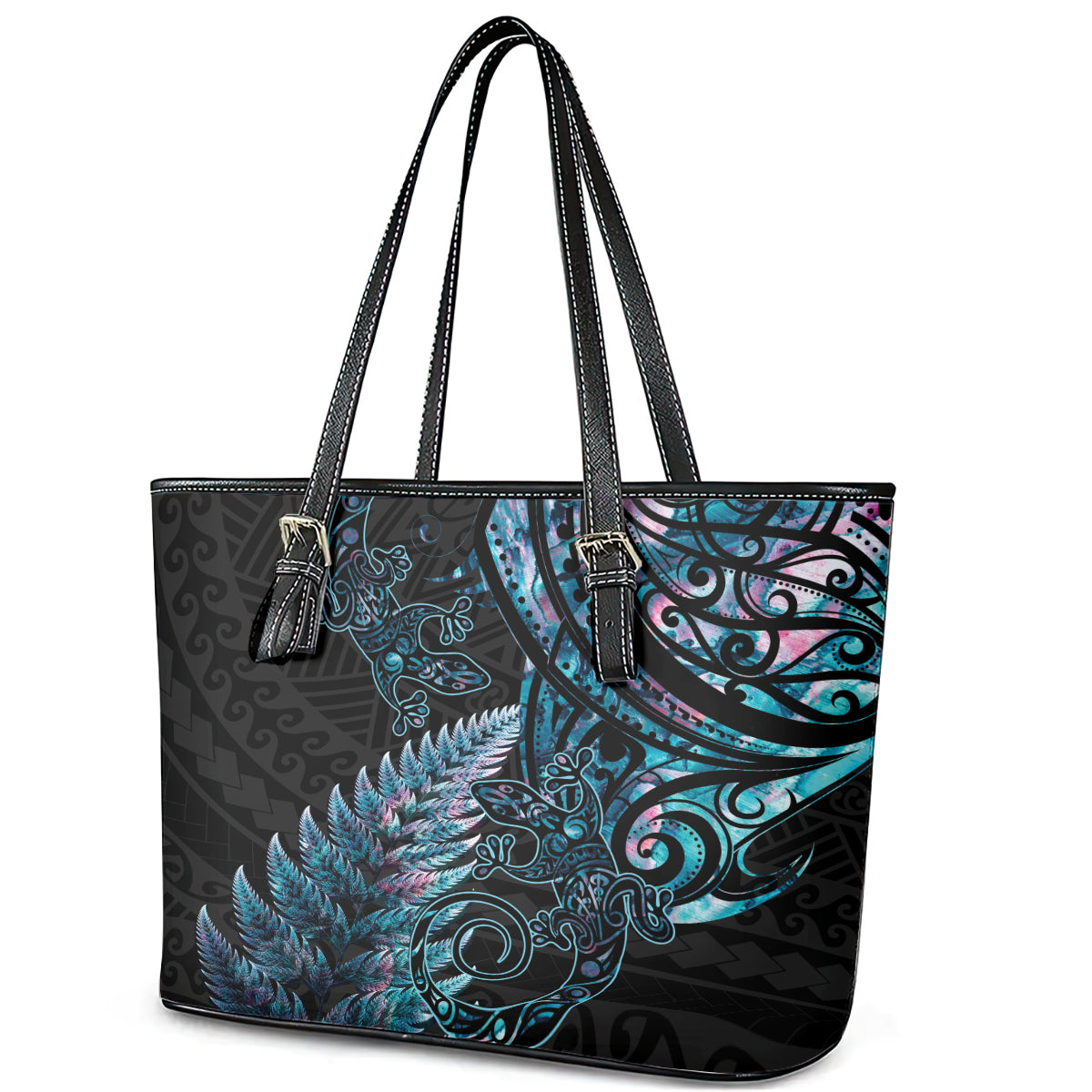 New Zealand Lizard Leather Tote Bag Silver Fern Aotearoa Maori With Paua Shell