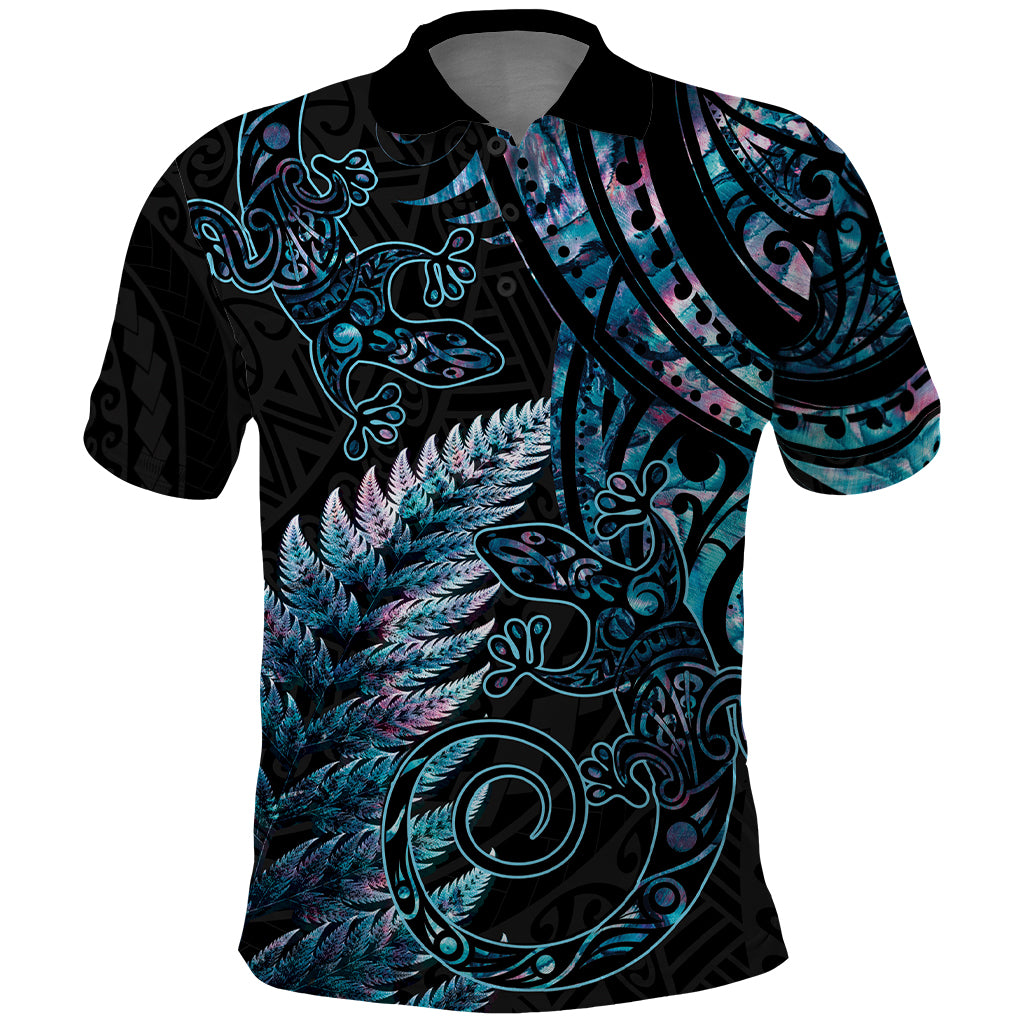 New Zealand Lizard Polo Shirt Silver Fern Aotearoa Maori With Paua Shell