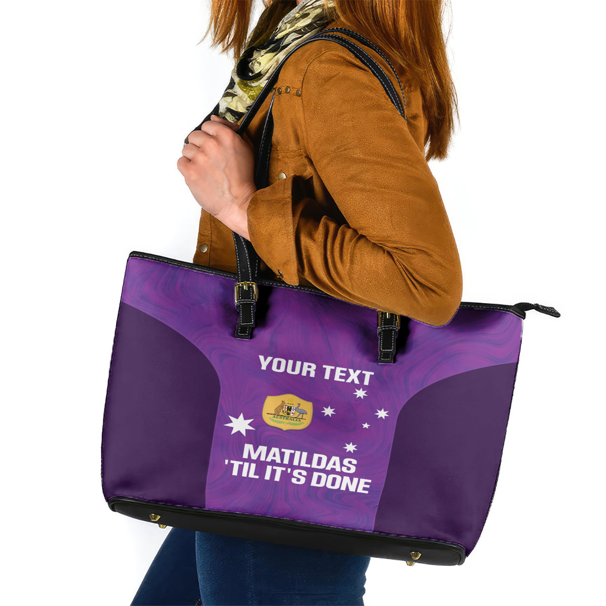 Custom Australia Soccer Leather Tote Bag Matildas Go Champions - Purple