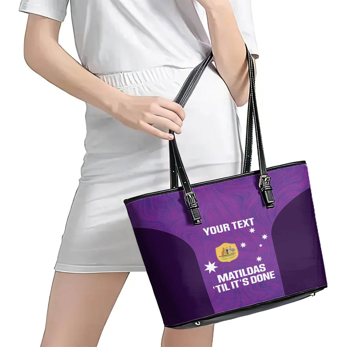 Custom Australia Soccer Leather Tote Bag Matildas Go Champions - Purple