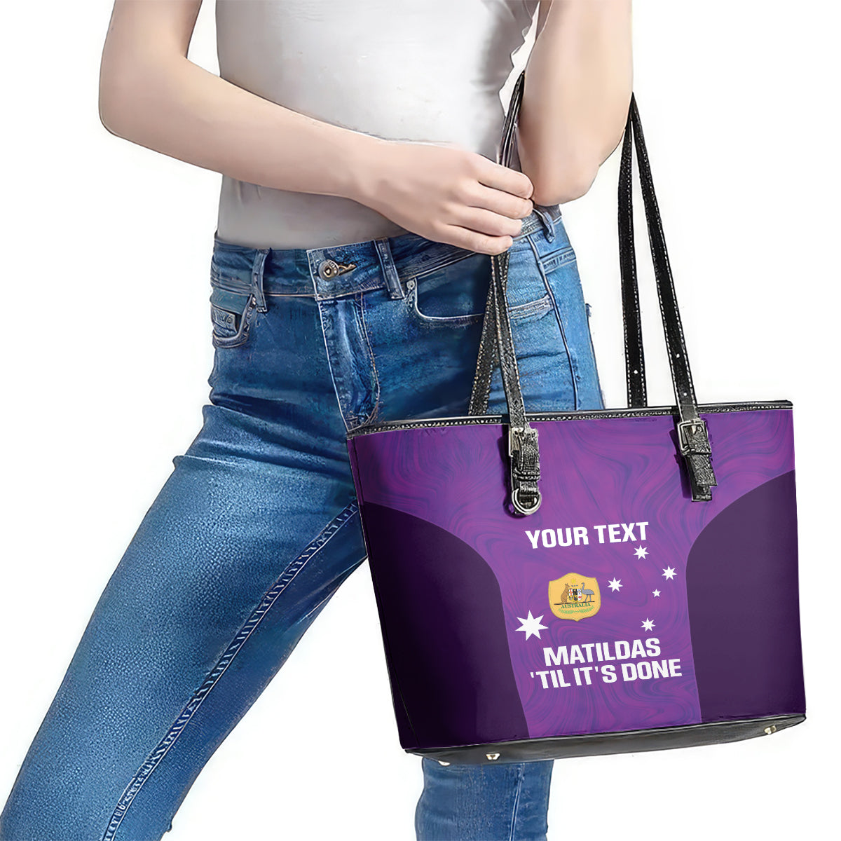 Custom Australia Soccer Leather Tote Bag Matildas Go Champions - Purple