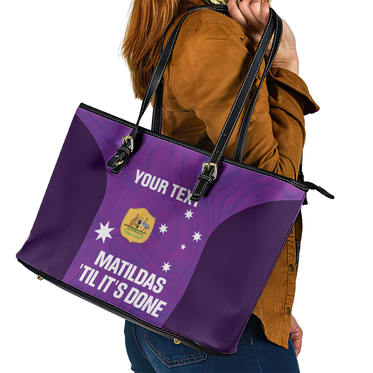 Custom Australia Soccer Leather Tote Bag Matildas Go Champions - Purple