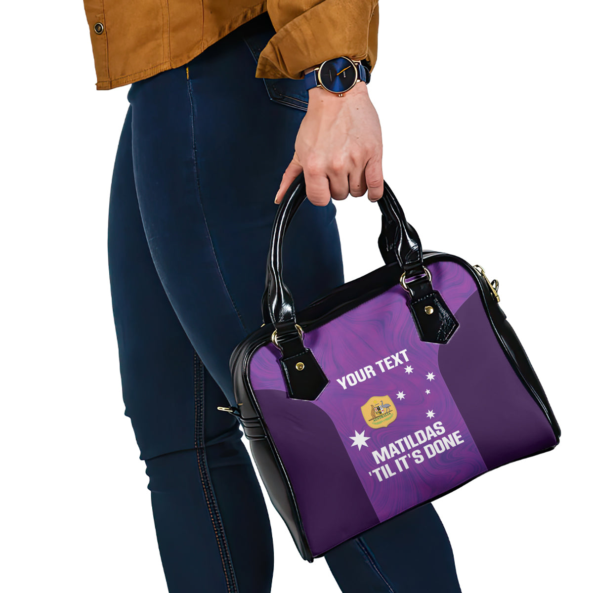 Custom Australia Soccer Shoulder Handbag Matildas Go Champions - Purple