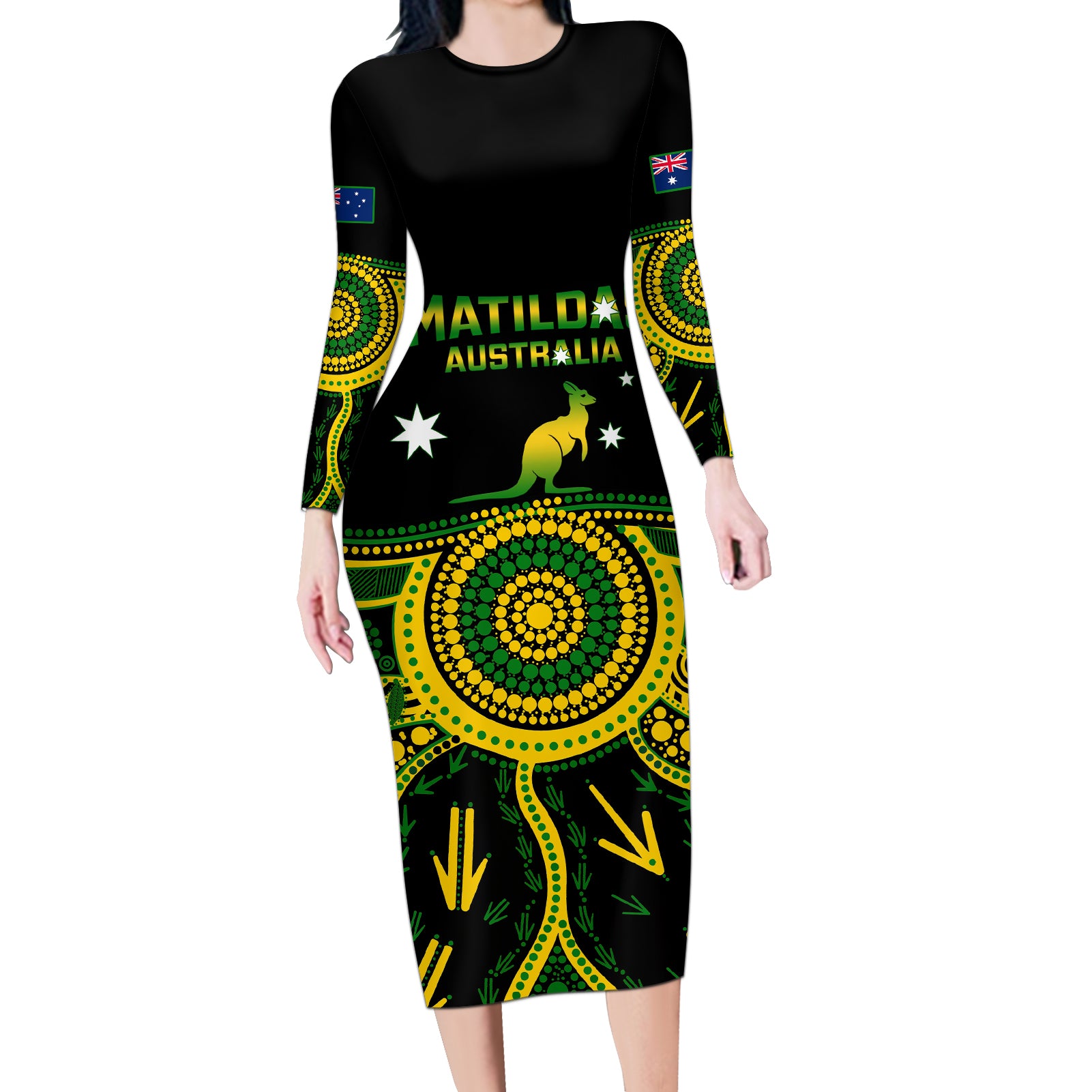 personalised-australia-soccer-long-sleeve-bodycon-dress-aboriginal-go-matildas-2023-world-cup