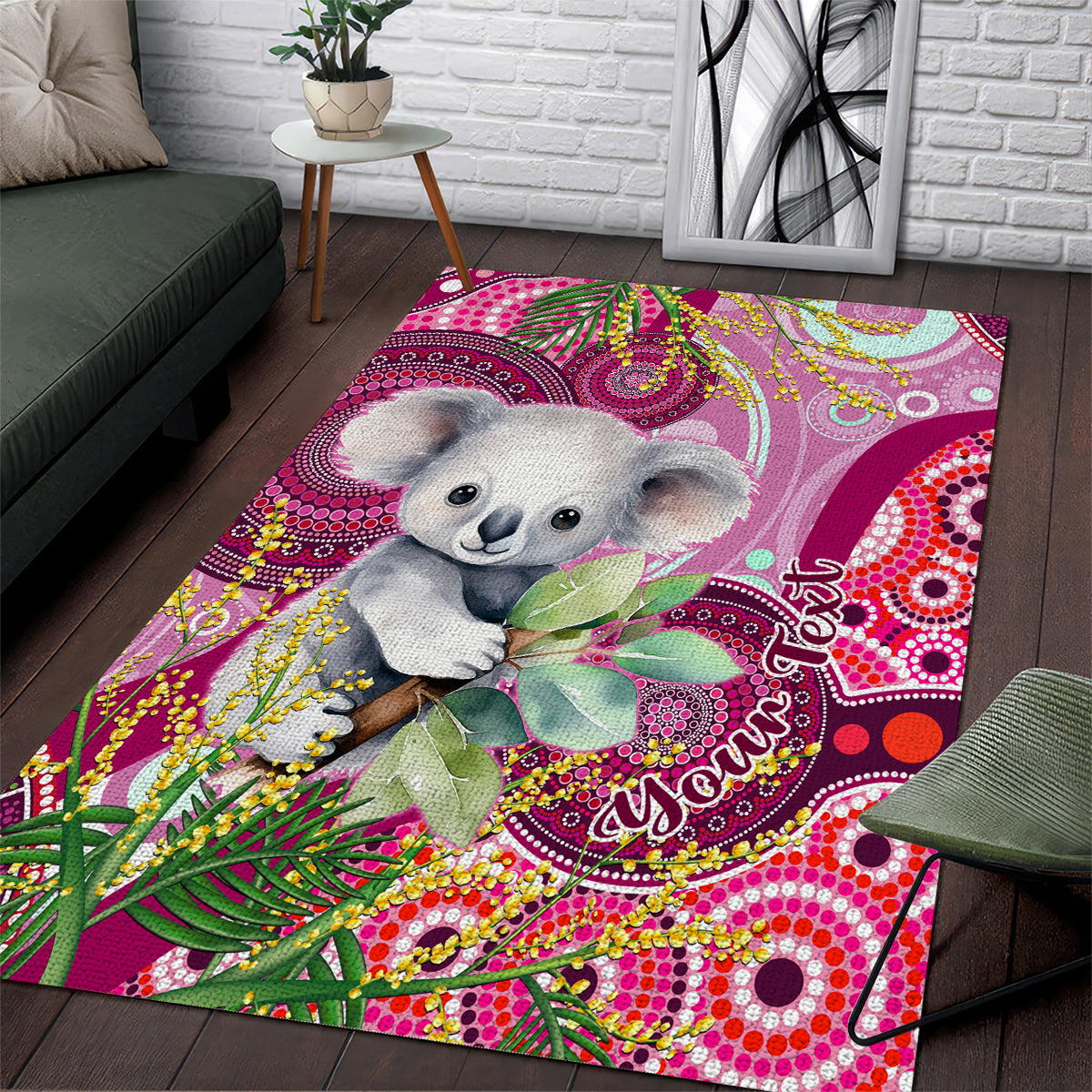 personalised-australia-area-rug-cute-koala-with-golden-wattle-indigenous-art