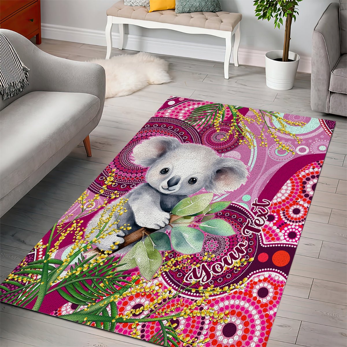 personalised-australia-area-rug-cute-koala-with-golden-wattle-indigenous-art