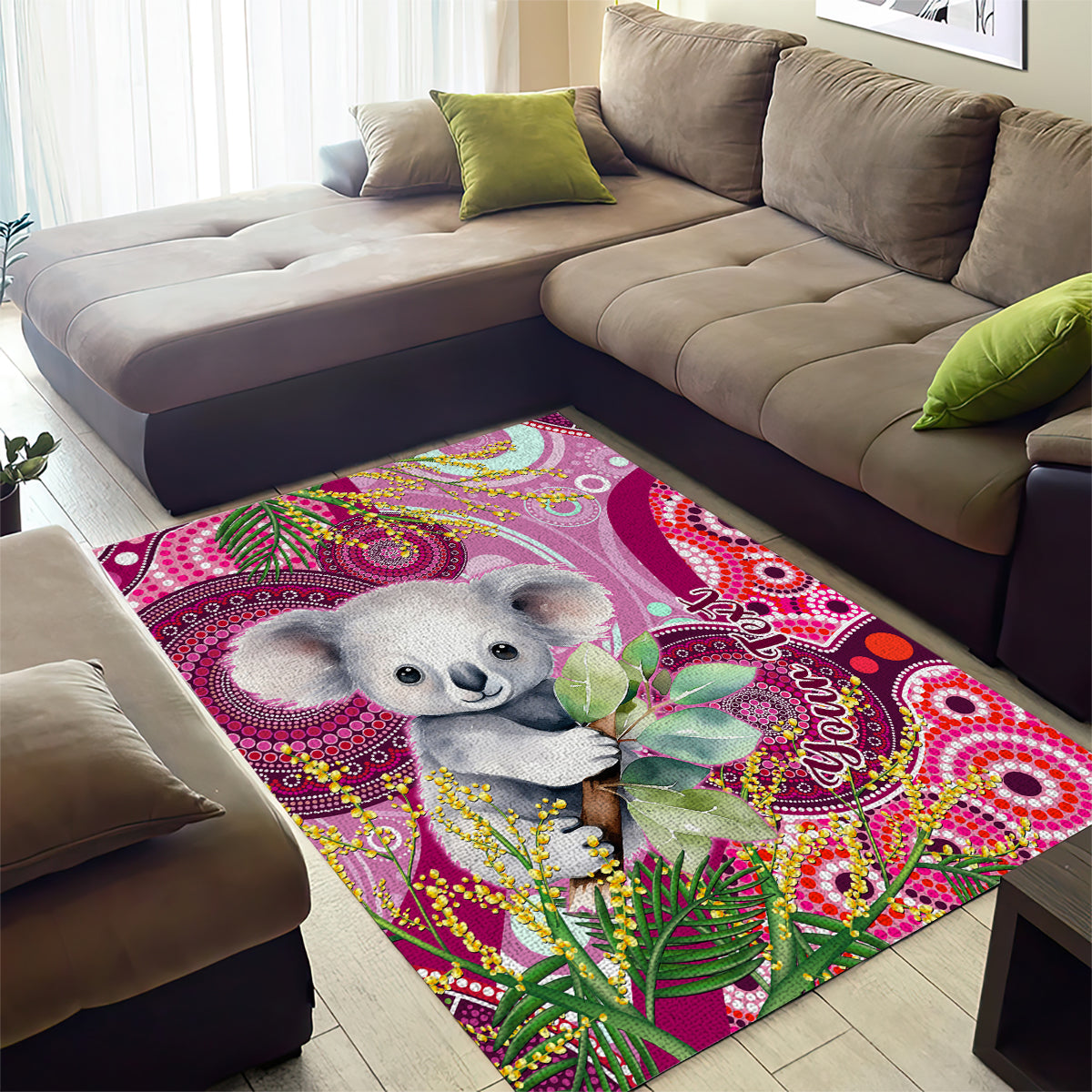 personalised-australia-area-rug-cute-koala-with-golden-wattle-indigenous-art