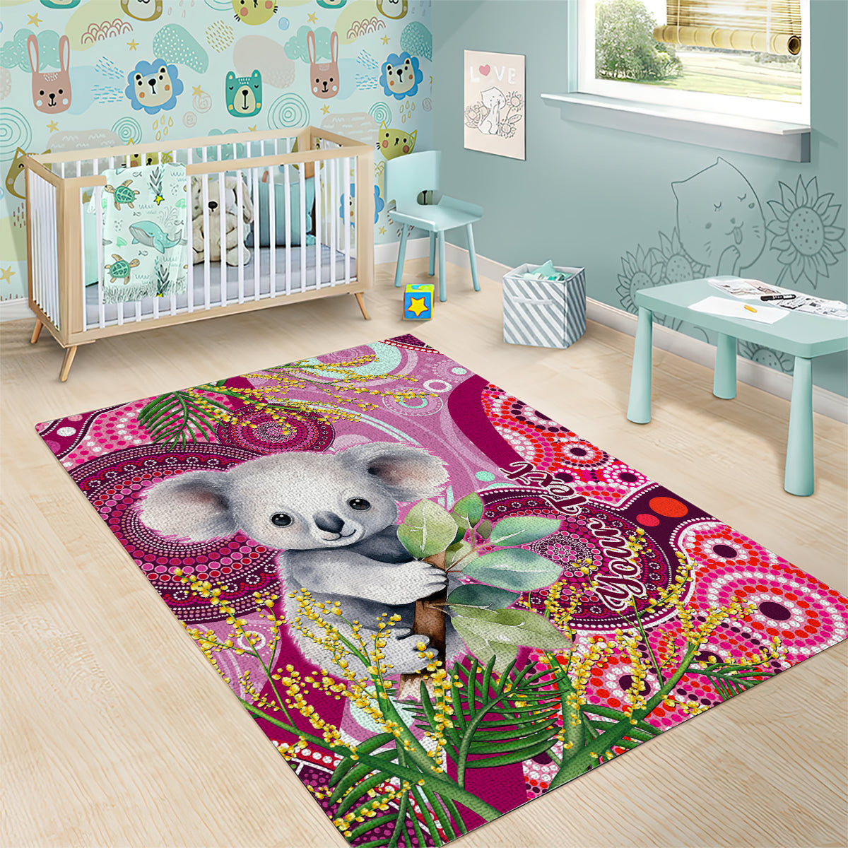 personalised-australia-area-rug-cute-koala-with-golden-wattle-indigenous-art