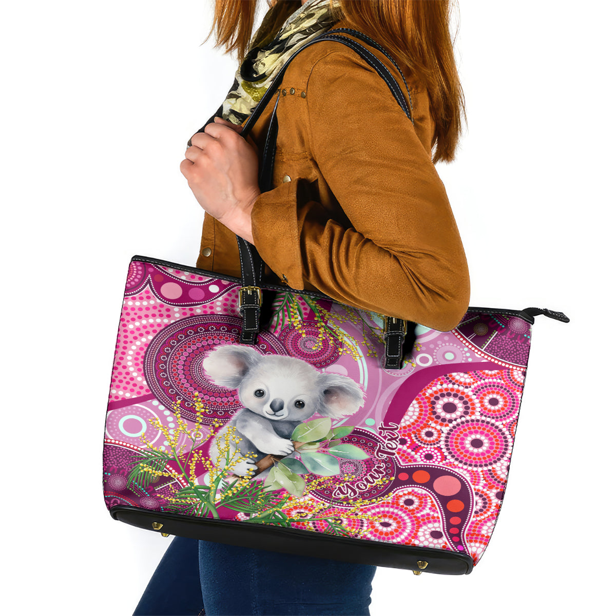 personalised-australia-leather-tote-bag-cute-koala-with-golden-wattle-indigenous-art