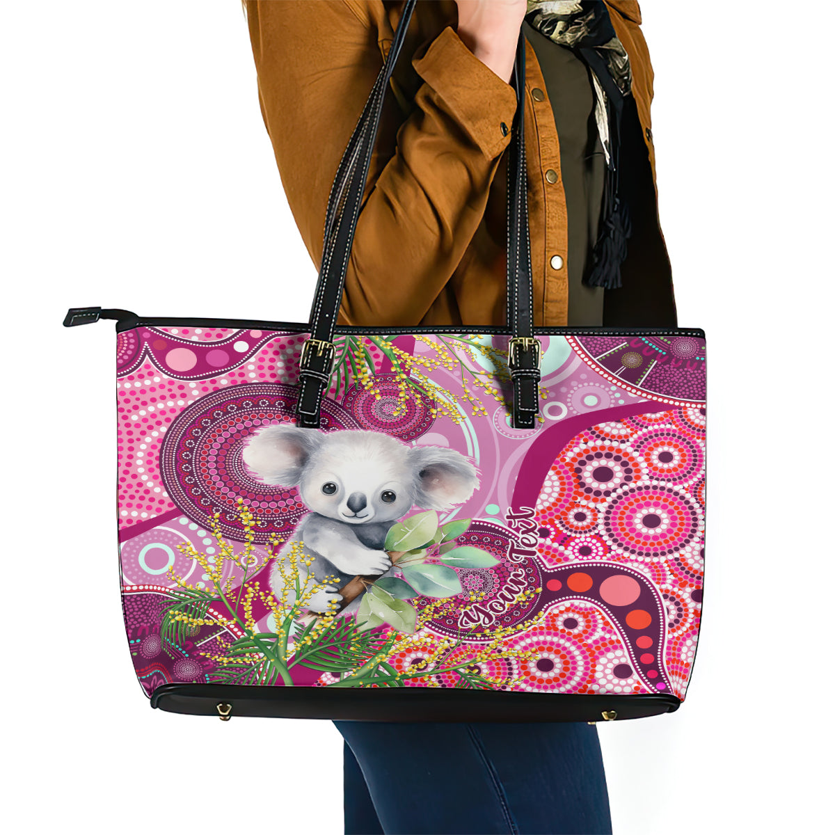 personalised-australia-leather-tote-bag-cute-koala-with-golden-wattle-indigenous-art