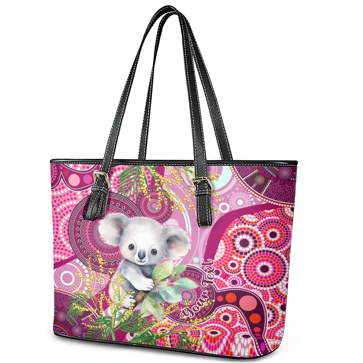 personalised-australia-leather-tote-bag-cute-koala-with-golden-wattle-indigenous-art