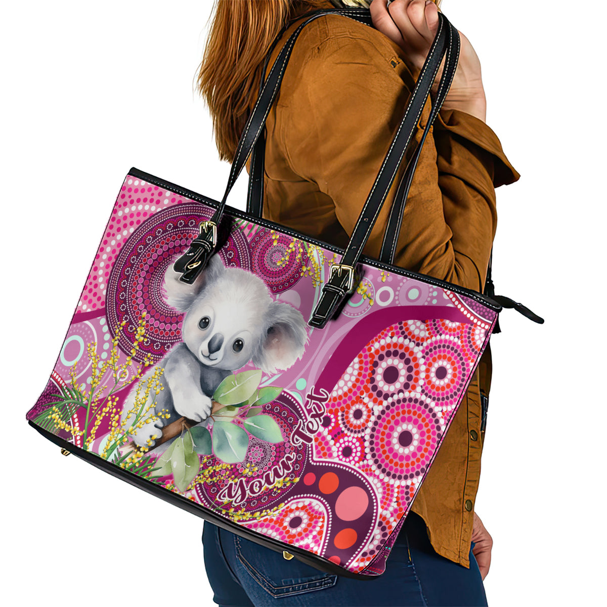 personalised-australia-leather-tote-bag-cute-koala-with-golden-wattle-indigenous-art