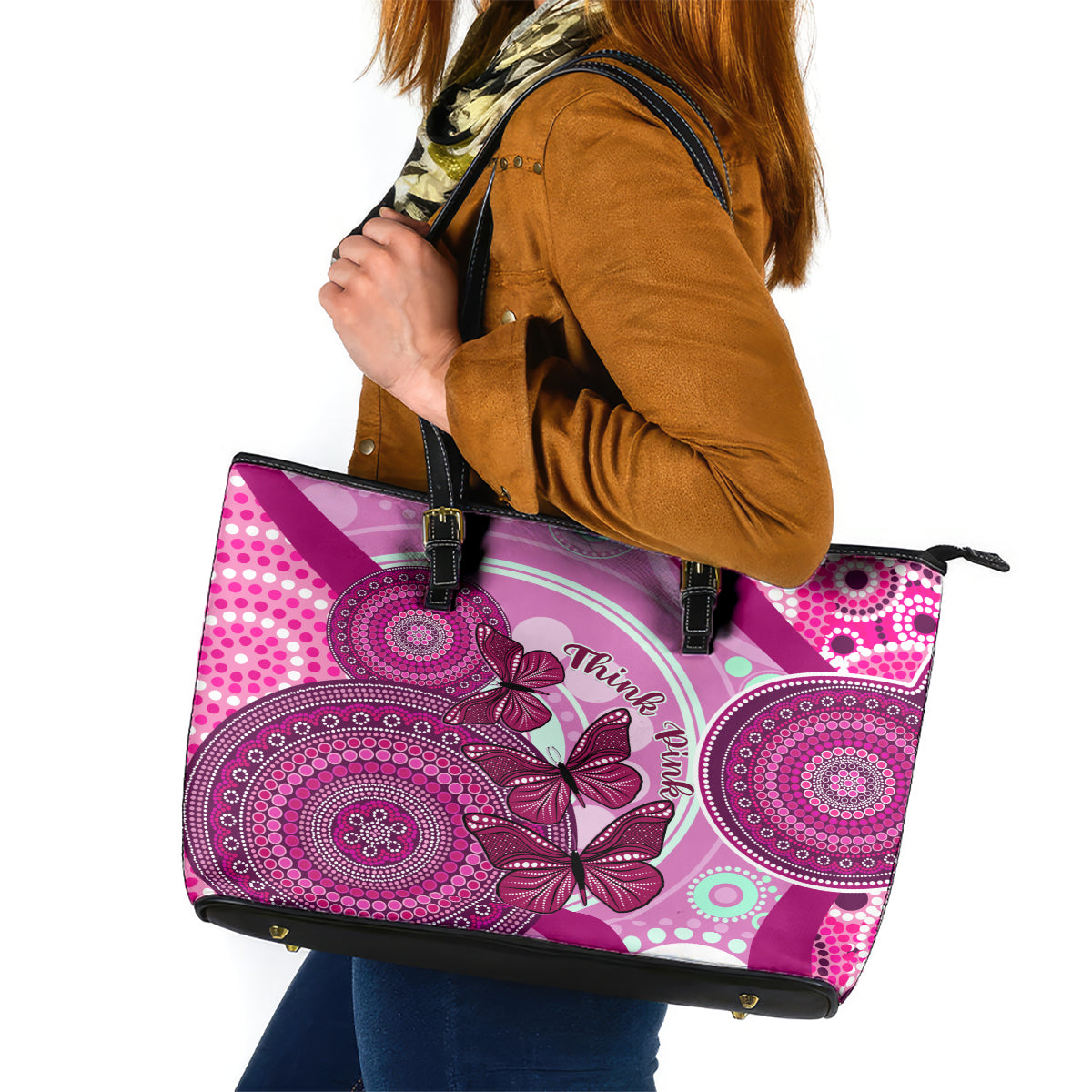 australia-breast-cancer-leather-tote-bag-indigenous-butterfly-no-one-fights-alone