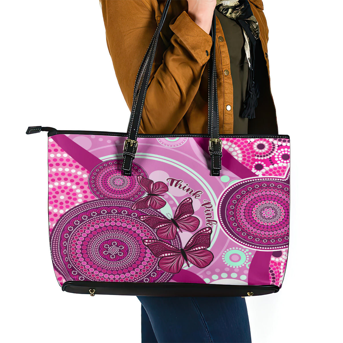 australia-breast-cancer-leather-tote-bag-indigenous-butterfly-no-one-fights-alone