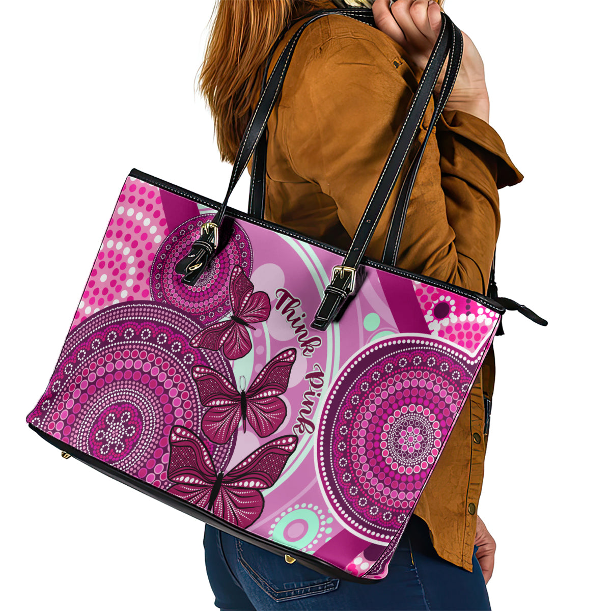 australia-breast-cancer-leather-tote-bag-indigenous-butterfly-no-one-fights-alone