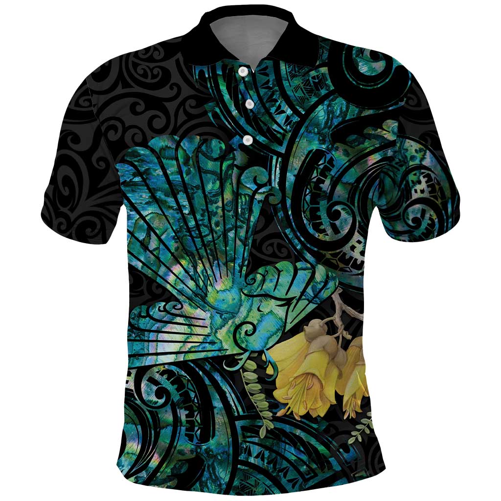 New Zealand Fantail Bird Polo Shirt Maori Piwakawaka Kowhai - Paua Shell Pattern