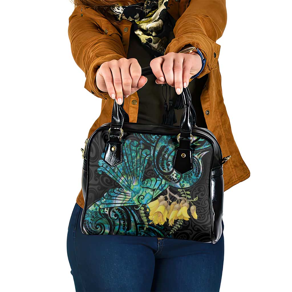 New Zealand Fantail Bird Shoulder Handbag Maori Piwakawaka Kowhai - Paua Shell Pattern